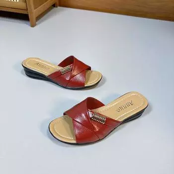 Женские летние шлепанцы с открытым носком на плоской подошве, модные женские повседневные пляжные туфли на металлической танкетке, сандалии на плоской подошве для мам, размер 36-43 36