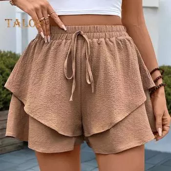 Женские летние шорты, эластичные, с высокой талией, регулируемые, с широкими штанинами, с оборками, многослойный дизайн, повседневные шорты S коричневый