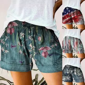 Женские летние шорты больших размеров, свободные повседневные шорты с карманами и принтом M зелёный