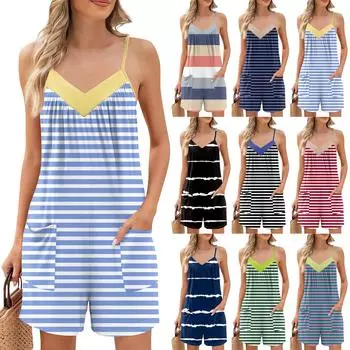 Женские летние шорты-комбинезоны, модные повседневные комбинезоны без рукавов с принтом, шорты-комбинезоны с карманами L синий