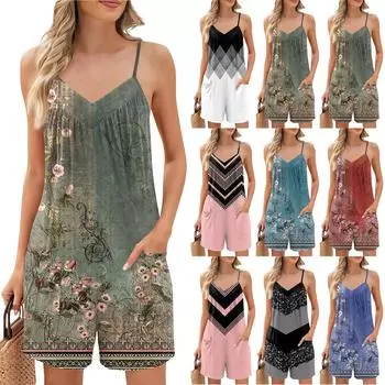 Женские летние шорты-комбинезоны, модные повседневные комбинезоны без рукавов с принтом, шорты-комбинезоны с карманами L чёрный