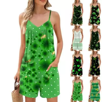 Женские летние шорты-комбинезоны, модные повседневные комбинезоны без рукавов с принтом, шорты-комбинезоны с карманами S