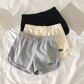 Женские летние шорты на эластичном шнурке, шорты с высокой талией и карманами, однотонные широкие шорты с логотипом, уличная одежда S абрикосовый