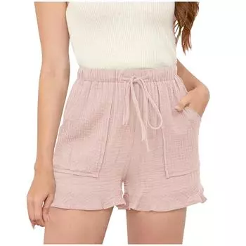 Женские летние шорты, повседневные спортивные шорты на шнурке, милые шорты с рюшами и карманами M розовый