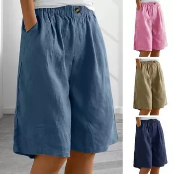 Женские летние шорты с эластичной резинкой на талии, прямые однотонные карманы, свободные повседневные брюки по бокам, длиной до колена, женские коммутационные брюки L армия зеленый