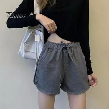 Женские летние шорты с высокой эластичной талией на шнурке, чистый цвет, трапециевидные боковые карманы, пляжные спортивные шорты для бега, йоги, повседневная повседневная одежда, короткие брюки S чёрный