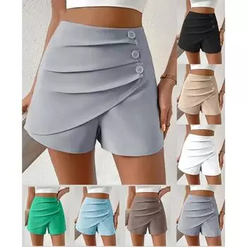 Женские летние шорты с высокой талией, асимметричные плиссированные пуговицы, однотонные, облегающие, мягкие, с контролем живота, длиной выше колена, мини-шорты S серый