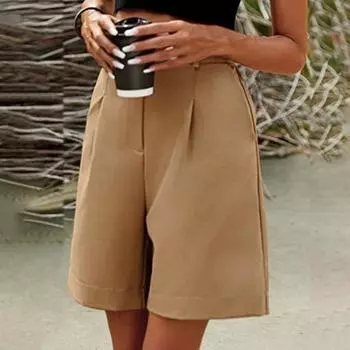 Женские летние шорты с высокой талией, свободный крой, длиной до колена, широкие шорты с карманами, повседневные, деловые, рабочие шорты M чёрный