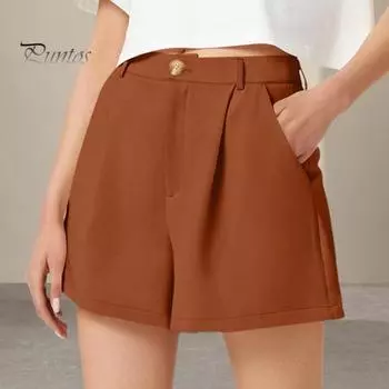 Женские летние шорты трапециевидной формы, сплошной цвет, высокая эластичная талия, пуговицы, застежка-молния, OL, деловые шорты в деловом стиле с карманами XL абрикосовый