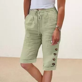 Женские летние шорты Yousheng, повседневные брюки с эластичным поясом, регулируемые на шнурке, с карманами, однотонные брюки длиной до колена с декором из пуговиц L белый