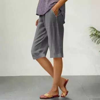 Женские летние шорты Yousheng, повседневные шорты средней посадки с эластичным поясом, однотонные свободные брюки длиной до колена с карманами для повседневной носки L зелёный