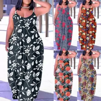 Женские летние солнцезащитные платья, длинное платье на тонких бретельках без рукавов с цветочным принтом, повседневное длинное платье макси для женщин с карманами XXXL тёмно-синий