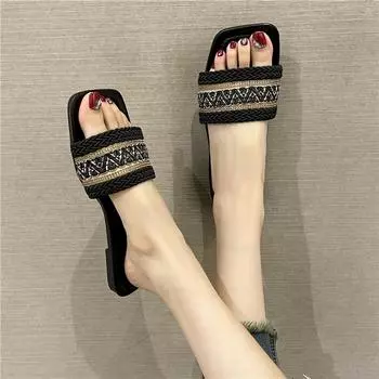 Женские летние соломенные плетеные дорожные тапочки, уличные шлепанцы, модные плоские женские сандалии и тапочки большого размера 35