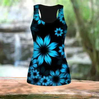 Женские летние спортивные рубашки с 3D оранжевыми цветами и принтом для занятий йогой и тренажерным залом, жилеты больших размеров XS синий