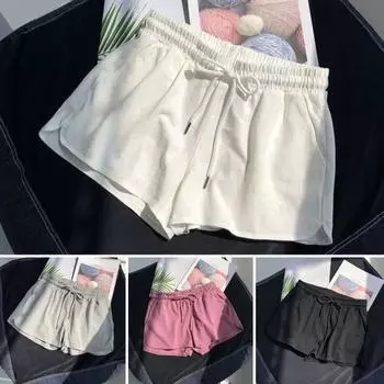 Женские летние спортивные шорты с высокой эластичной резинкой на талии, однотонные плиссированные боковые карманы трапециевидной формы, свободные повседневные XL чёрный