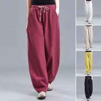 Женские летние спортивные штаны с высокой талией и шнурком, свободные однотонные карманы, спортивные брюки полной длины в стиле ретро с эластичной резинкой на талии, женская одежда XL вино красного