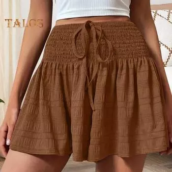 Женские летние струящиеся шорты с эластичной резинкой и высокой талией, с оборками на шнурке, мини-юбка, шорты, повседневные плиссированные эластичные спортивные шорты S розы красного