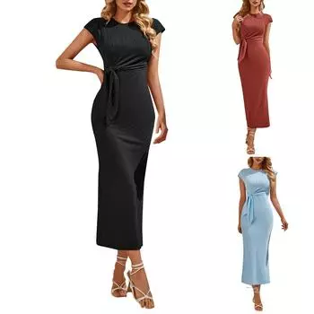 Женские летние свежие повседневные однотонные вязаные платья без рукавов с круглым вырезом и талией L чёрный