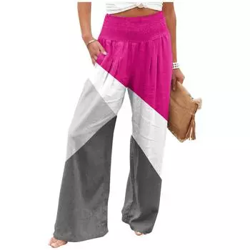 Женские летние свободные брюки из хлопка и льна с эластичным поясом в клетку XL