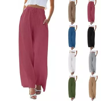 Женские летние свободные брюки из хлопка и льна с эластичной талией, однотонные, с внешним карманом, центральным швом L армия зеленый