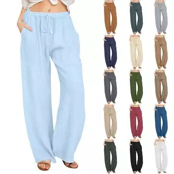 Женские летние свободные брюки из хлопка и льна с эластичным поясом и внешним карманом L бежевый