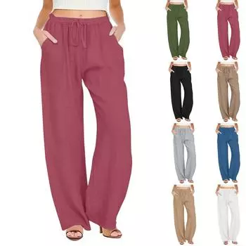 Женские летние свободные брюки из хлопка и льна с эластичным поясом и внешним карманом L армия зеленый