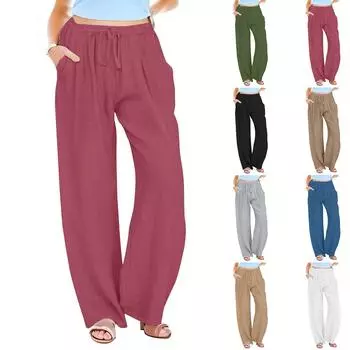 Женские летние свободные брюки из хлопка и льна с эластичной резинкой на талии, однотонные, с внутренним карманом и двойной линией сгиба L армия зеленый