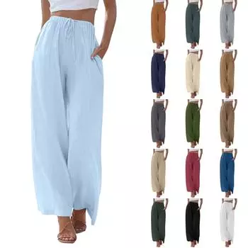 Женские летние свободные брюки из хлопка и льна с эластичной талией, однотонные, с внешним карманом, центральным швом L бежевый