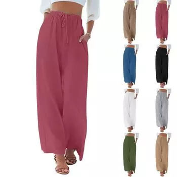 Женские летние свободные брюки из хлопка и льна с эластичным поясом и внешним карманом L армия зеленый