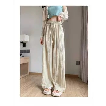 Женские летние свободные длинные брюки с высокой талией, повседневные хлопковые льняные плиссированные свободные брюки S чёрный