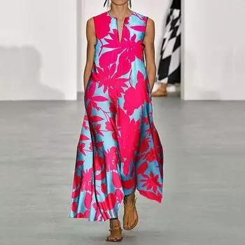 Женские летние свободные длинные платья без рукавов с v-образным вырезом и принтом S розовый