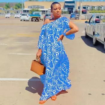 Женские летние свободные длинные платья с разрезом на плечах и средними рукавами с принтом S синий