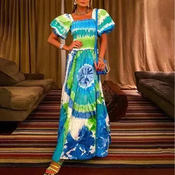 Женские летние свободные длинные платья с объемными рукавами и цифровым принтом S синий