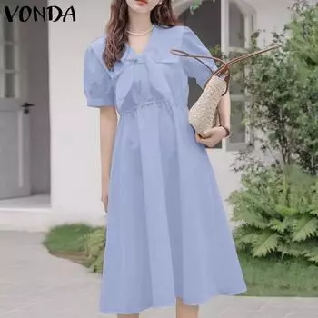 Женские летние свободные длинные платья VONDA с квадратным вырезом и короткими рукавами и пуговицами, сплошной цвет