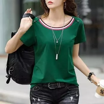 Женские летние свободные футболки, корейские женские повседневные топы с короткими рукавами и круглым вырезом, женские лоскутные тонкие футболки S чёрный