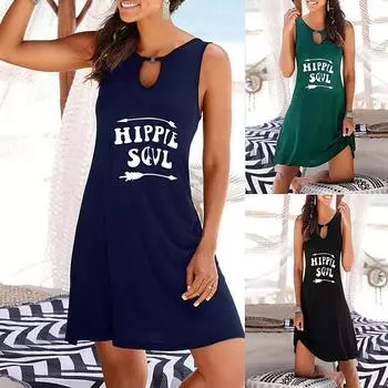 Женские летние свободные платья без рукавов с принтом и майкой средней длины XXXXL чёрный