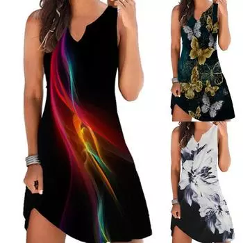 Женские летние свободные платья без рукавов с v-образным вырезом и принтом L чёрный