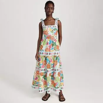 Женские летние свободные платья без рукавов с высокой талией и ботаническим принтом через шею S белый