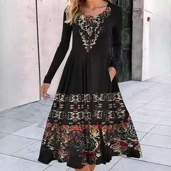 Женские летние свободные платья-халат с круглым вырезом и длинными рукавами и геометрическим принтом S зелёный