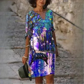 Женские летние свободные платья из бамбукового волокна с цветочным принтом и короткими рукавами в винтажном литературном стиле с круглым вырезом и рукавами Five Points S