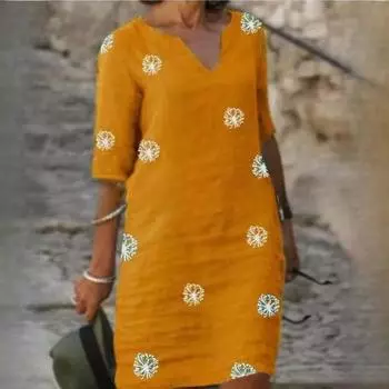 Женские летние свободные платья из стираного хлопка с цветочным принтом и короткими рукавами в винтажном литературном стиле с круглым вырезом и пятью рукавами S жёлтый