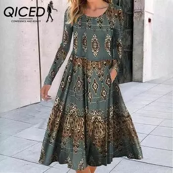 Женские летние свободные платья QICED с круглым вырезом и длинными рукавами с геометрическим принтом S зелёный