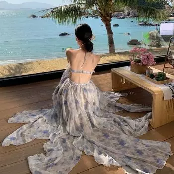 Женские летние свободные платья с цветочным принтом, висящей шеей, талией, открытой спиной, без рукавов, большие качели S синий