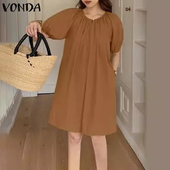 Женские летние свободные платья с круглым вырезом и короткими рукавами и пуговицами, сплошной цвет