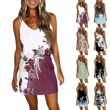 Женские летние свободные платья с v-образным вырезом и подтяжками с цветочным принтом и карманами в стиле пэчворк L чёрный