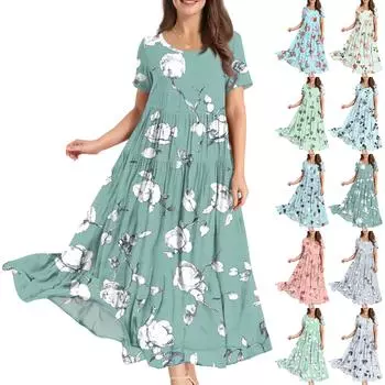Женские летние свободные платья в стиле бохо с круглым вырезом и коротким рукавом с цветочным принтом XXL синий
