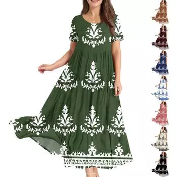 Женские летние свободные платья в стиле бохо с круглым вырезом и коротким рукавом с цветочным принтом S чёрный