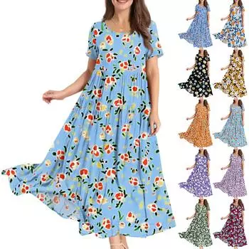 Женские летние свободные платья в стиле бохо с круглым вырезом и коротким рукавом с цветочным принтом L