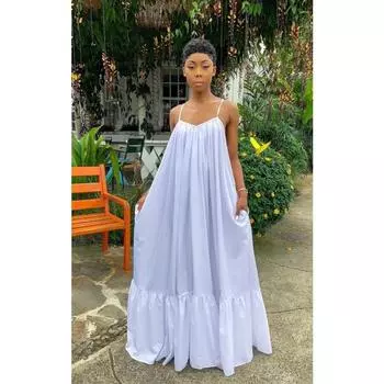 Женские летние свободные пляжные длинные свободные платья без рукавов с лямкой на шее S белый