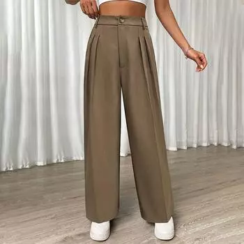 Женские летние свободные повседневные брюки с высокой талией и прямыми штанинами, сплошной цвет S хаки